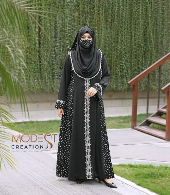 (Black & White Polka Dot Print) Embroidered Abaya
