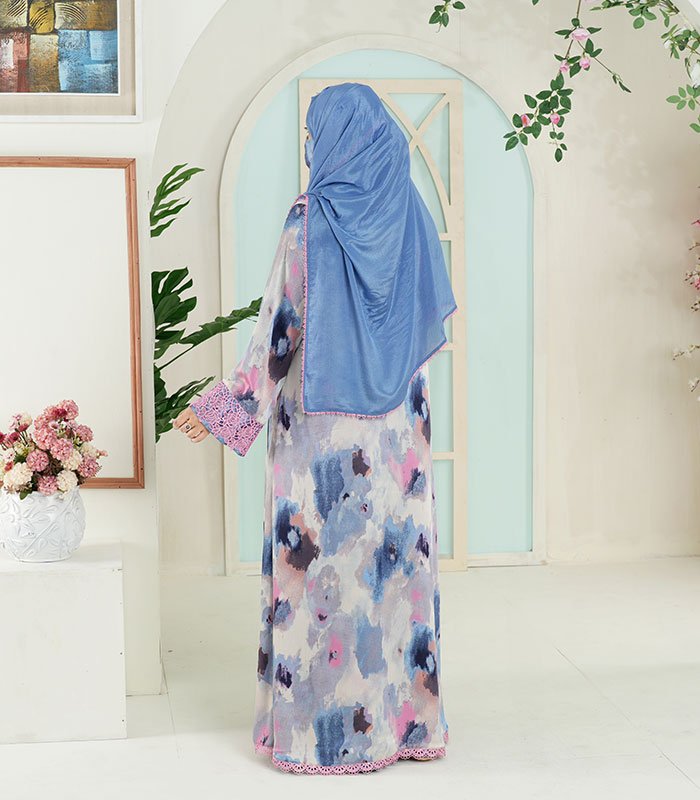 (Cornflower Blue & Tie-dye Shaded) Double Layered Abaya (1)