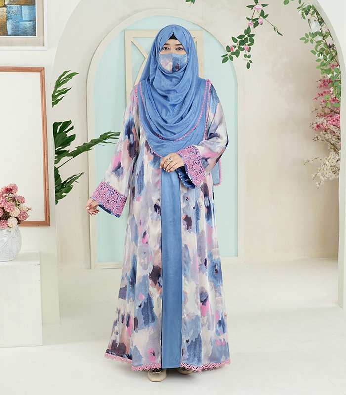 (Cornflower Blue & Tie-dye Shaded) Double Layered Abaya (2) Cornflower Blue Tie dye Shaded Double Layered Abaya 2