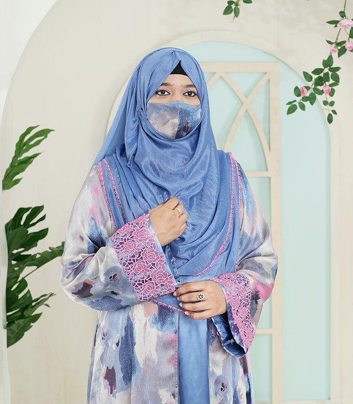 (Cornflower Blue & Tie-dye Shaded) Double Layered Abaya (3)