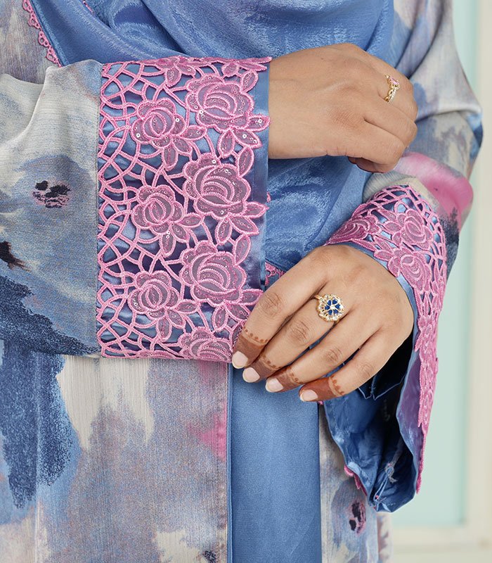 (Cornflower Blue & Tie-dye Shaded) Double Layered Abaya (4)