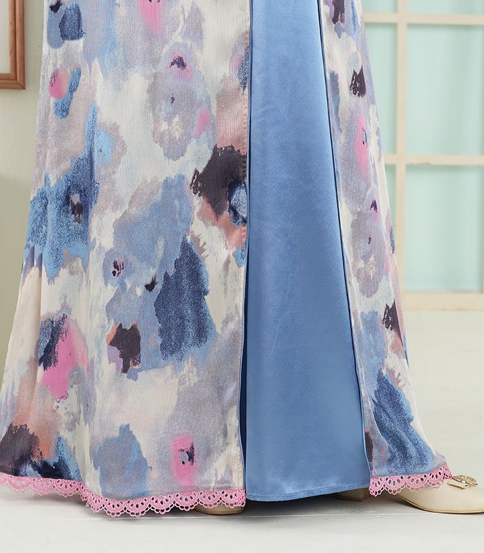 (Cornflower Blue & Tie-dye Shaded) Double Layered Abaya (5)