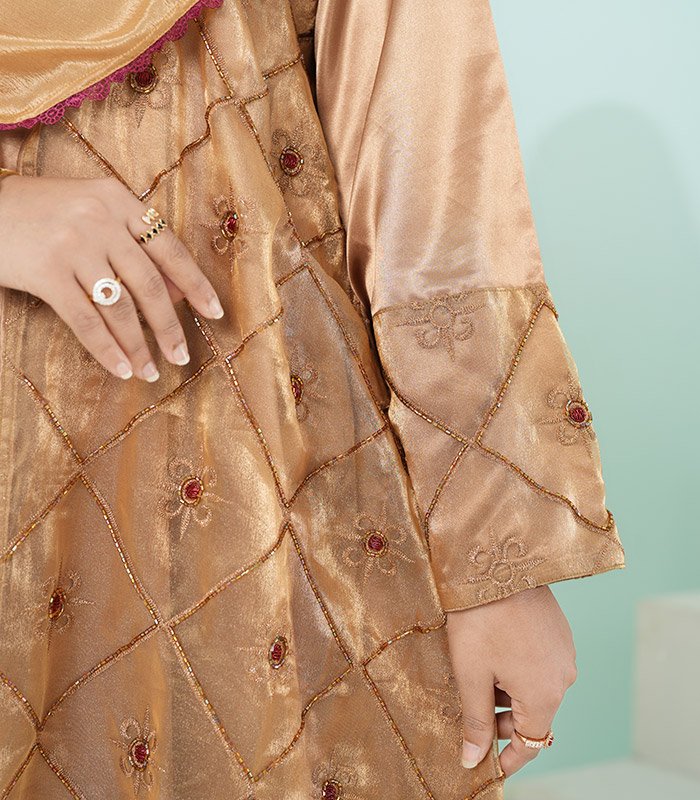 (Metallic Bronze Golden) Double Layered Abaya (5)