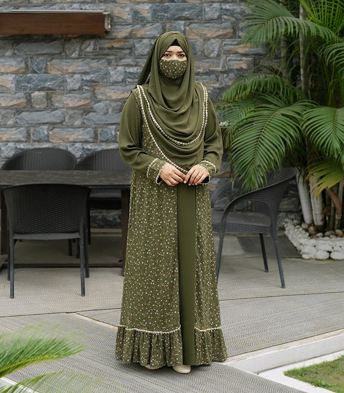 (Dark Olive Green) Double Layered Abaya (1) Dark Olive Green Double Layered Abaya 1
