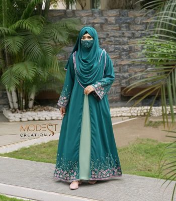 (Deep Sea Green & Light Mint Color) Double Layered Abaya