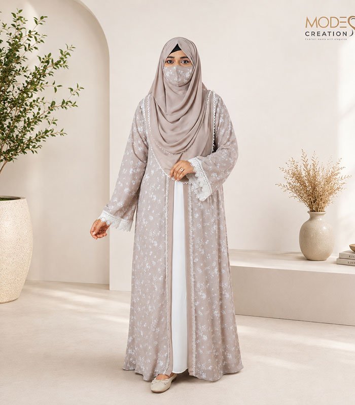 (Light Gray & off-white) Double Layered Abaya (1) Light Gray off white Double Layered Abaya 1
