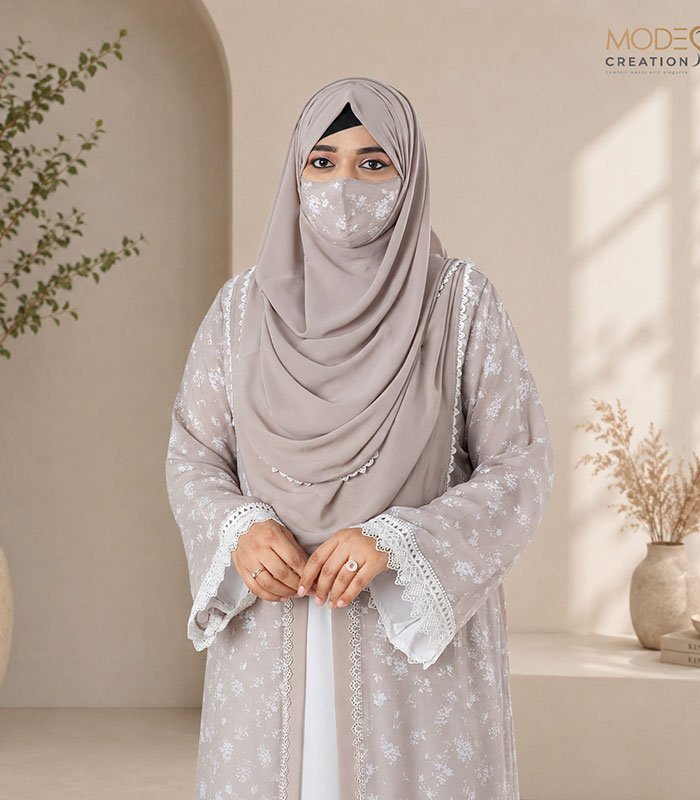 (Light Gray & off-white) Double Layered Abaya (2)