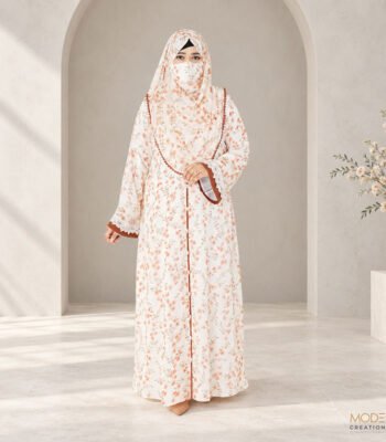 (Off-white & Burnt Caramel Color) Printed Double Layered Abaya