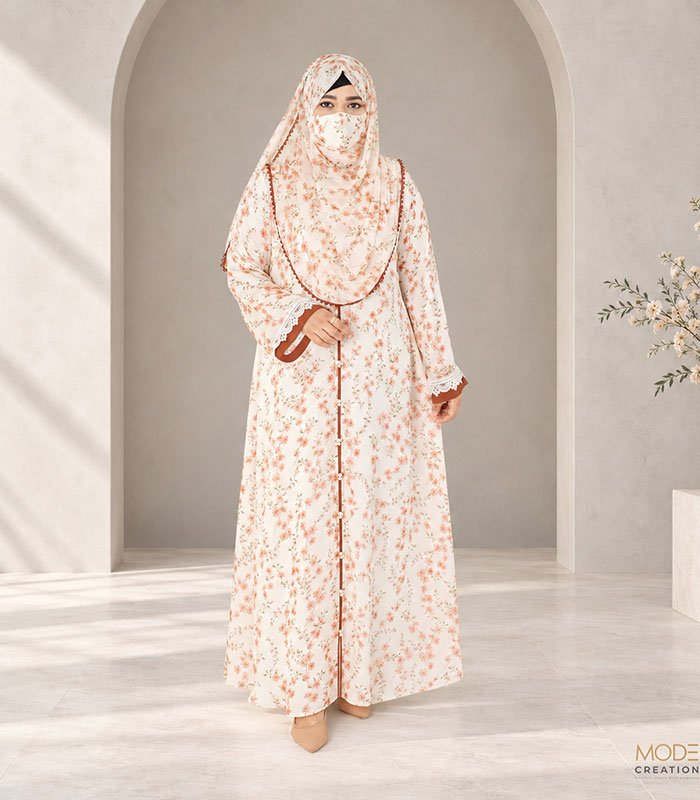 (Off-white & Burnt Caramel Ccolor) Printed Double Layered Abaya (2)
