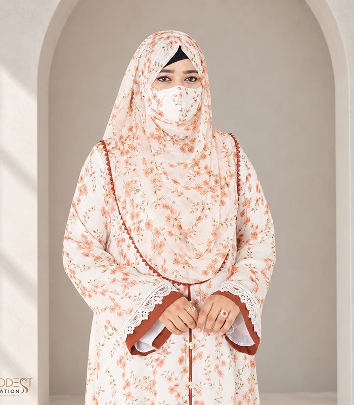 (Off-white & Burnt Caramel Ccolor) Printed Double Layered Abaya (3)